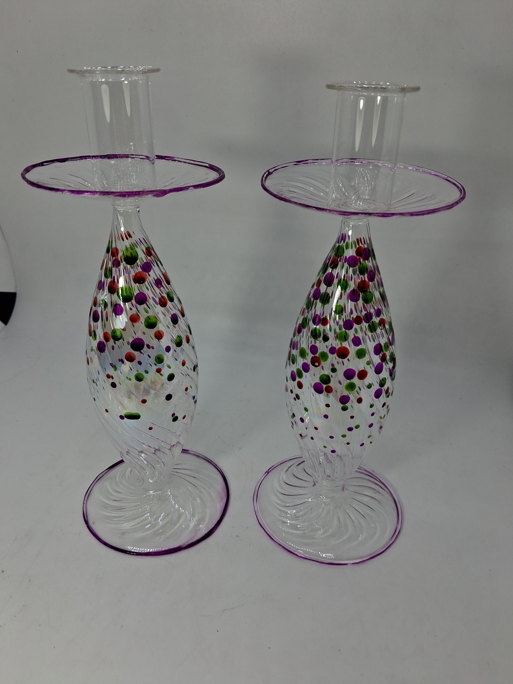 Handblown Polka Dot Confetti Glass Candlestick Holder Pair